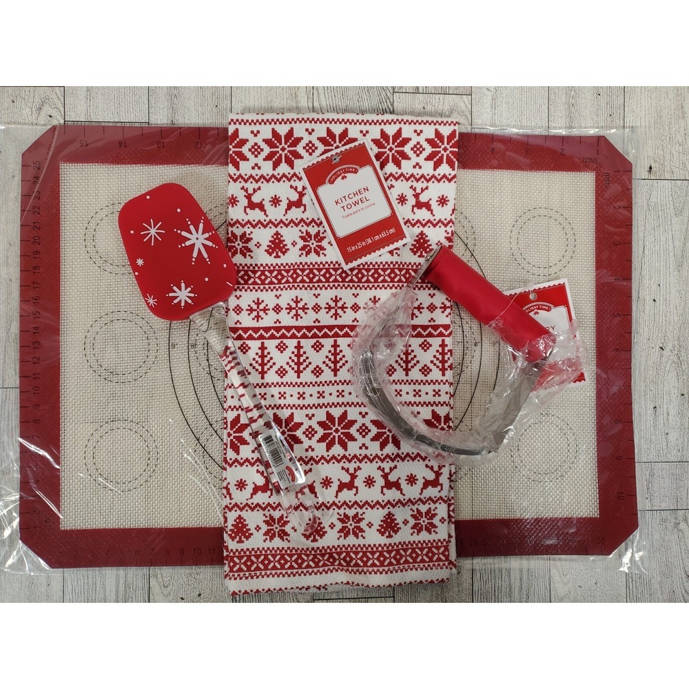 Kitchen Gift Set Silicone Mat Spatula Fair Isle Towel & Pastry Blender Christmas